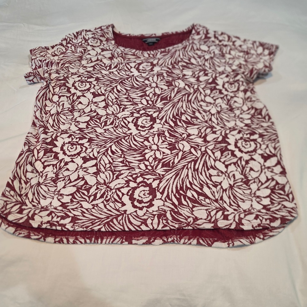 Lands End Floral Knit Top Womens 1X Burgundy Excellent Short Sleeve 488839